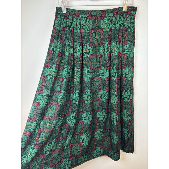 PENDLETON Green Red Paisley A-Line Skirt 12 Vintage Pockets Midi Rayon Holiday - Picture 4 of 10